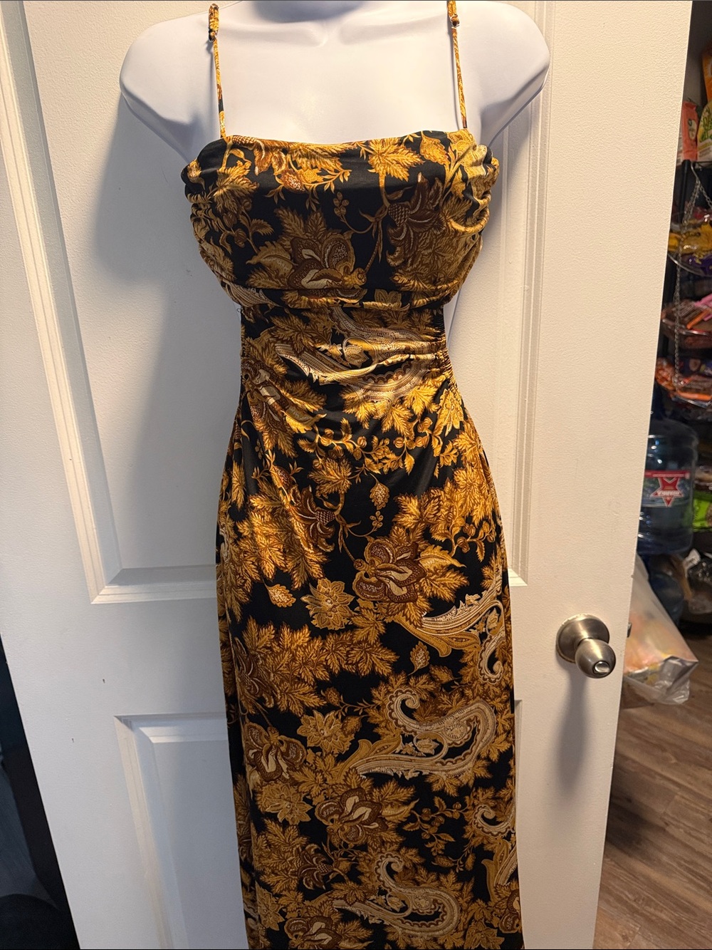 Black and Gold Baroque Maxi Dress with Spaghetti Straps